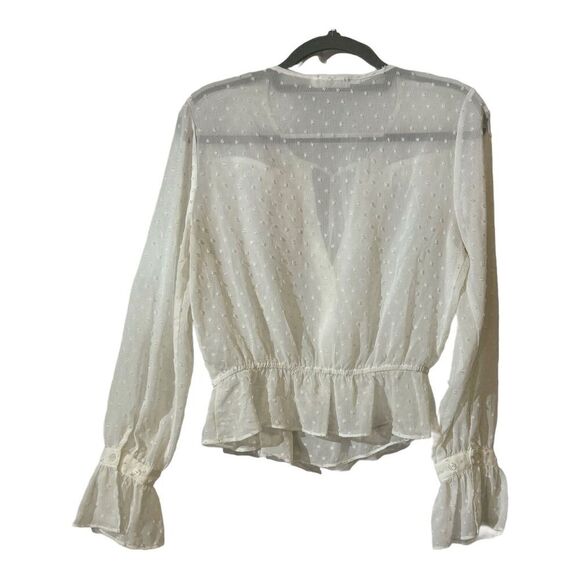 Lush  Sheer White Polka Dot Ruffle Peplum Blouse Long Sleeve M Cottage Coquette - Picture 3 of 7